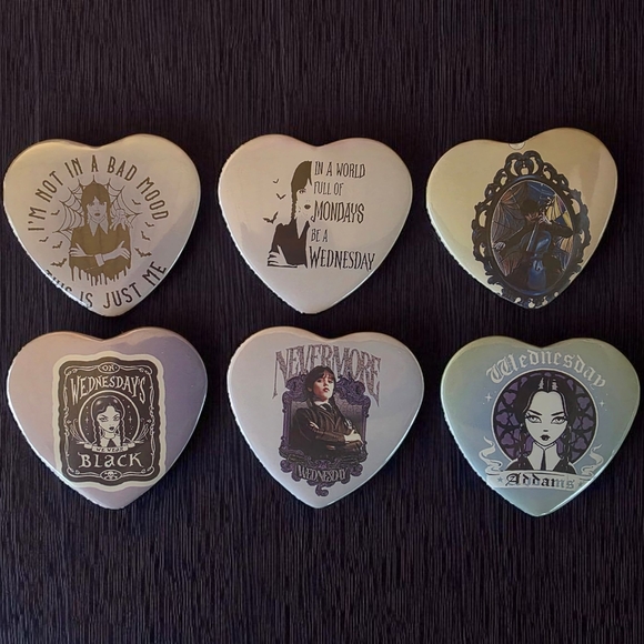 Heart-Shaped Gothic Wednesday Adams Themed Pins - Picture 3 of 4
